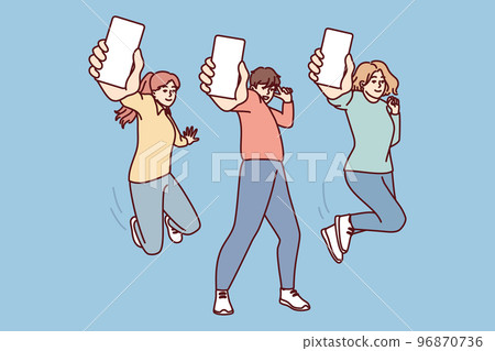People show screen of mobile phone by stretching their hand to monitor advertising app. Vector image People show screen of mobile phone by stretching their hand to monitor advertising app. Vector image 96870736