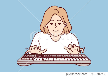 Young woman blogger typing keyboard looks at screen while typing e-mail message. Vector image 96870742