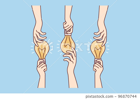Hands sharing glowing light bulbs are metaphor for ideas or joint brainstorming. Vector image 96870744