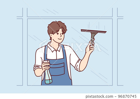 Man washes windows using brush and spray bottle with detergent. Vector image 96870745