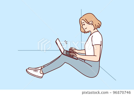 Positive woman freelancer sitting on floor near wall with laptop on lap. Vector image 96870746