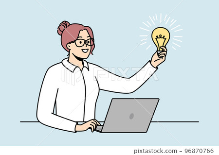 Businesswoman in glasses holds lit light bulb in front of her. Businesswoman in glasses holds lit light bulb in front of her. 96870766