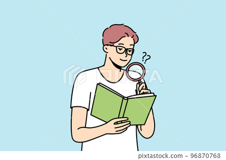 Spectacled man reading book using magnifying glass. Spectacled man reading book using magnifying glass. 96870768