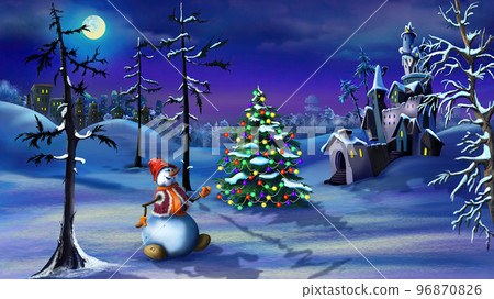Snowman and Christmas Tree Near a Magic Castle Snowman and Christmas Tree Near a Magic Castle 96870826