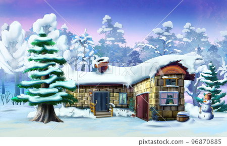 Big Spruce Near a Fabulous House in a Winter Forest 96870885