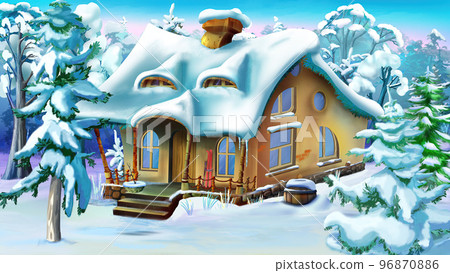 Spruce and Pine Trees Near a Fairy Tale House 96870886