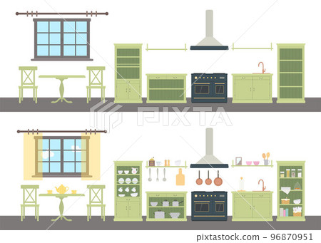 Green kitchen in Provence style is empty and with utensils 96870951