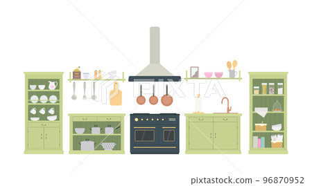 Green kitchen in Provence style with kitchen utensils. Wooden furniture 96870952