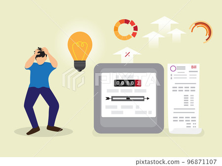 A man suffers from skyrocketing prices for electricity, gas, water and oil. Great price increases for all services. Vector illustration 96871107