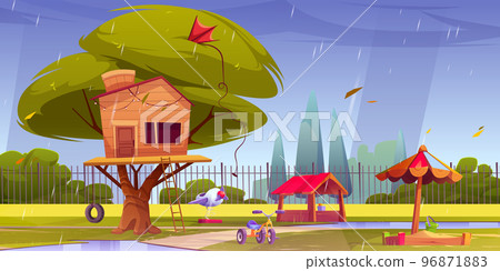 Childrens playground in rainy weather 96871883