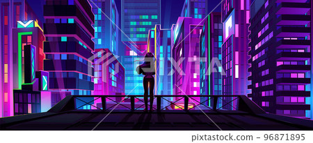 Girl on rooftop with city view at night Girl on rooftop with city view at night 96871895