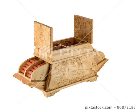 Empty Open wooden jewelry box with velvet lining and vintage accessories and Clipping Pathon white background. used for storing small things, Luxury packaging for anything. Empty Open wooden jewelry box with velvet lining and vintage accessories and Clipping Pathon white background. used for storing small things, Luxury packaging for anything. 96872185