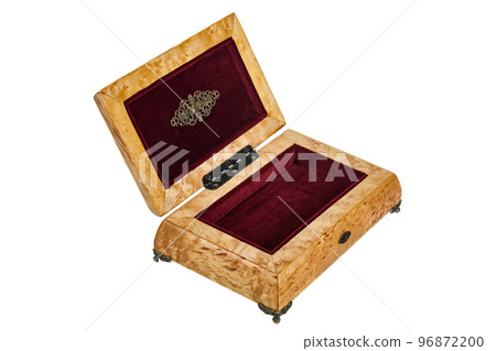 Empty Open wooden jewelry box with velvet lining and vintage accessories and Clipping Pathon white background. used for storing small things, Luxury packaging for anything. Empty Open wooden jewelry box with velvet lining and vintage accessories and Clipping Pathon white background. used for storing small things, Luxury packaging for anything. 96872200