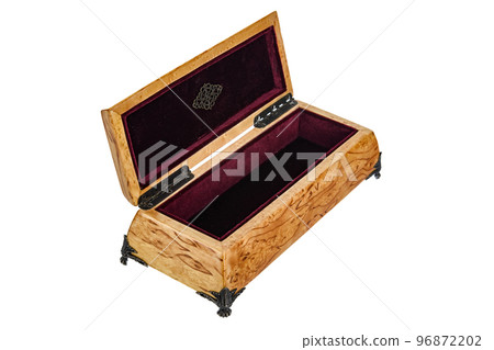 Empty Open wooden jewelry box with velvet lining and vintage accessories and Clipping Pathon white background. used for storing small things, Luxury packaging for anything. Empty Open wooden jewelry box with velvet lining and vintage accessories and Clipping Pathon white background. used for storing small things, Luxury packaging for anything. 96872202