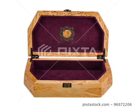 Empty Open wooden jewelry box with velvet lining and vintage accessories and Clipping Pathon white background. used for storing small things, Luxury packaging for anything. 96872206