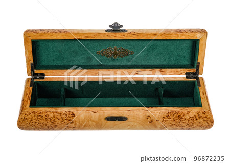 Empty Open wooden jewelry box with velvet lining and vintage accessories and Clipping Pathon white background. used for storing small things, Luxury packaging for anything. Empty Open wooden jewelry box with velvet lining and vintage accessories and Clipping Pathon white background. used for storing small things, Luxury packaging for anything. 96872235