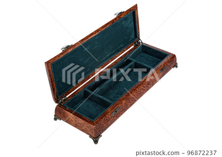 Empty Open wooden jewelry box with velvet lining and vintage accessories and Clipping Pathon white background. used for storing small things, Luxury packaging for anything. Empty Open wooden jewelry box with velvet lining and vintage accessories and Clipping Pathon white background. used for storing small things, Luxury packaging for anything. 96872237