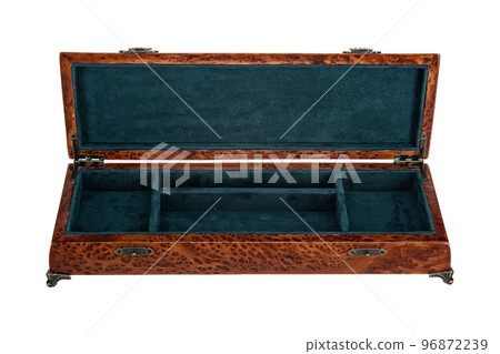 Empty Open wooden jewelry box with velvet lining and vintage accessories and Clipping Pathon white background. used for storing small things, Luxury packaging for anything. Empty Open wooden jewelry box with velvet lining and vintage accessories and Clipping Pathon white background. used for storing small things, Luxury packaging for anything. 96872239