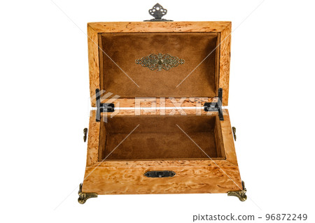 Empty Open wooden jewelry box with velvet lining and vintage accessories and Clipping Pathon white background. used for storing small things, Luxury packaging for anything. Empty Open wooden jewelry box with velvet lining and vintage accessories and Clipping Pathon white background. used for storing small things, Luxury packaging for anything. 96872249