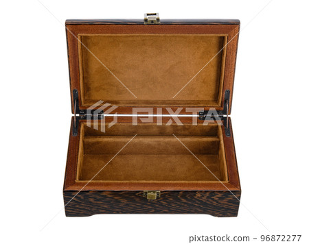 Empty Open wooden jewelry box with velvet lining and vintage accessories and Clipping Pathon white background. used for storing small things, Luxury packaging for anything. Empty Open wooden jewelry box with velvet lining and vintage accessories and Clipping Pathon white background. used for storing small things, Luxury packaging for anything. 96872277