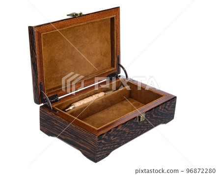 Empty Open wooden jewelry box with velvet lining and vintage accessories and Clipping Pathon white background. used for storing small things, Luxury packaging for anything. Empty Open wooden jewelry box with velvet lining and vintage accessories and Clipping Pathon white background. used for storing small things, Luxury packaging for anything. 96872280