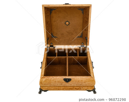 Empty Open wooden jewelry box with velvet lining and vintage accessories and Clipping Pathon white background. used for storing small things, Luxury packaging for anything. 96872298