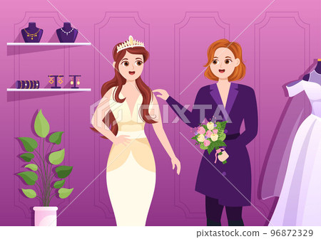 Wedding Shop with Jewelry, Beautiful Bride Gowns and Accessories Suitable for Poster in Flat Cartoon Hand Drawn Template Illustration Wedding Shop with Jewelry, Beautiful Bride Gowns and Accessories Suitable for Poster in Flat Cartoon Hand Drawn Template Illustration 96872329