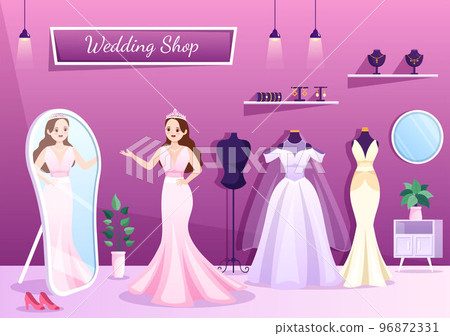 Wedding Shop with Jewelry, Beautiful Bride Gowns and Accessories Suitable for Poster in Flat Cartoon Hand Drawn Template Illustration 96872331