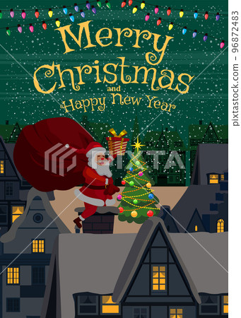 Merry Christmas poster, Santa Claus on the roof delivering gifts by chimney 96872483