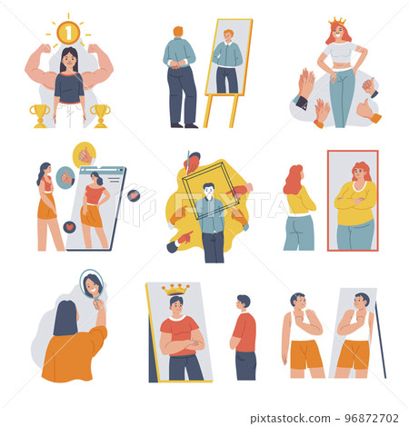 People looking at themselves in mirrors vector 96872702
