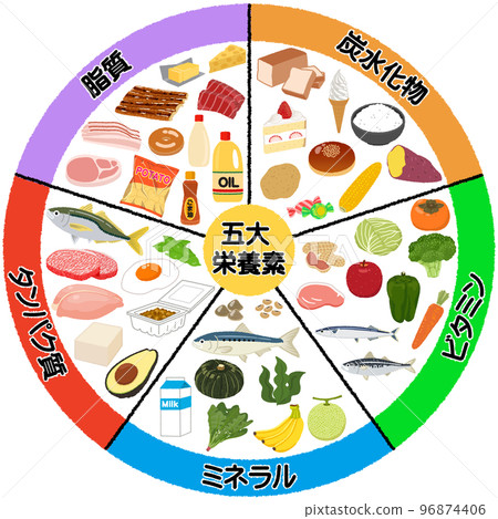 Illustration of the five major nutrients Illustration of the five major nutrients 96874406