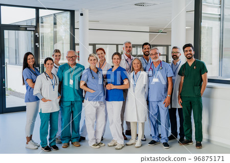 Portrait of happy doctors, nurses and other medical staff in hospital. 96875171