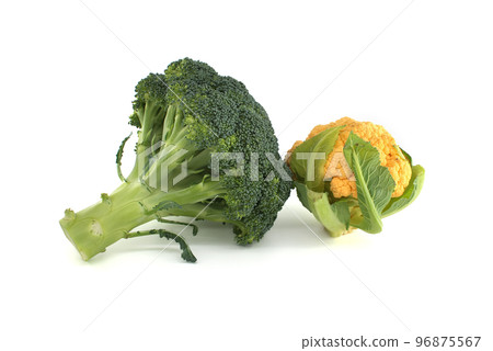 Fresh colorful yellow cauliflower with broccoli isolated on white background. Healthy eating Fresh colorful yellow cauliflower with broccoli isolated on white background. Healthy eating 96875567