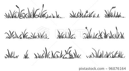 Grass doodle sketch style set. Hand drawn grass field outline scribble background. Sprout, flower, clover elements Grass doodle sketch style set. Hand drawn grass field outline scribble background. Sprout, flower, clover elements 96876164