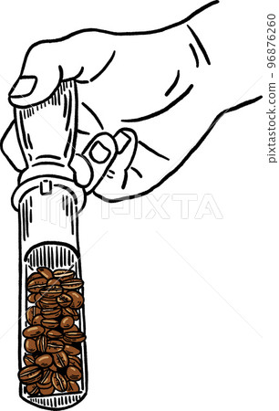 Hand with Coffee beans roasting Hand drawn line art Illustration 96876260