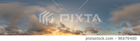 Dark blue sunset sky panorama with golden Cumulus clouds. Seamless hdr 360 panorama in spherical equirectangular format. Full zenith for 3D visualization, sky replacement for aerial drone panoramas. 96876480