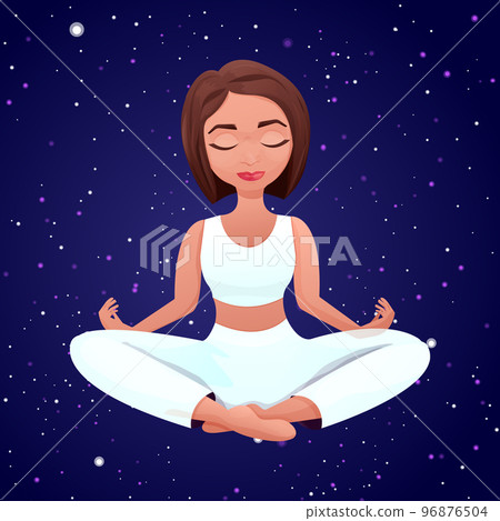 Meditation female character sitting in lotus pose, back view in cartoon style with space background Meditation female character sitting in lotus pose, back view in cartoon style with space background 96876504