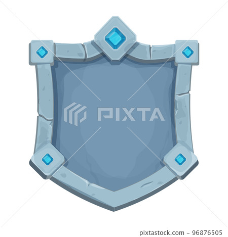 Stone frame with border and gemstones, shield shape, empty medieval menu panel in cartoon style isolated on white background. Stone frame with border and gemstones, shield shape, empty medieval menu panel in cartoon style isolated on white background. 96876505