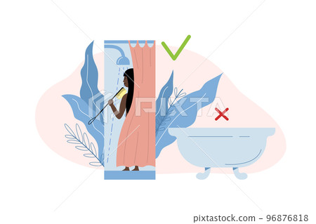 Woman is reducing usage of water by showering short time Woman is reducing usage of water by showering short time 96876818