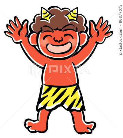 一個微笑的紅色惡魔通過張開雙手錶達喜悅的插圖 96877075
