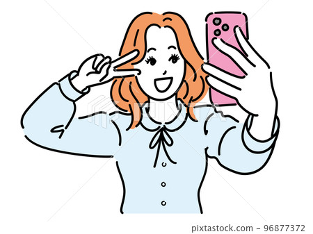 A young woman taking self photos with a smartphone A young woman taking self photos with a smartphone 96877372