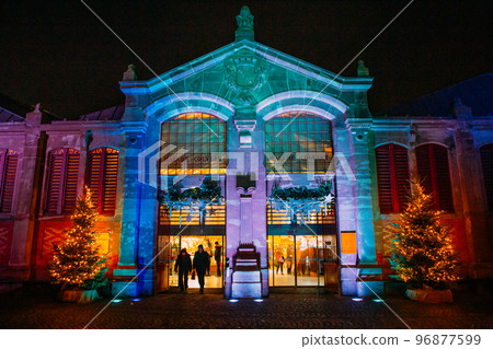 COLMAR, FRANCE - December 2016 - Christmas decorations and illuminations on Food Market Marche Couvert 96877599