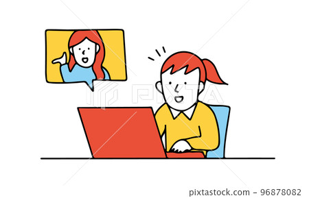Illustration of a girl watching a video on a computer Illustration of a girl watching a video on a computer 96878082