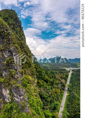 Aerial view of Krabi roads between limestone mountains, in Krabi province, Thailand 96878229