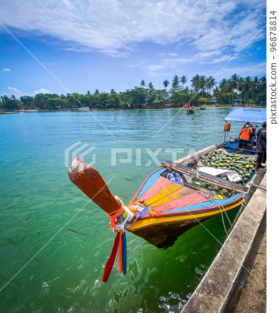 Beach view with long tail boats in koh Mook or koh Muk island, in Trang, Thailand 96878814