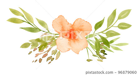 Watercolor abstract orange Flower with green leaves. Hand drawn illustration of floral bouquet for greeting cards or wedding invitations. Botanical drawing on isolated background. Vintage sketch. Watercolor abstract orange Flower with green leaves. Hand drawn illustration of floral bouquet for greeting cards or wedding invitations. Botanical drawing on isolated background. Vintage sketch. 96879060