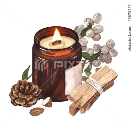 Watercolor set christmas candle brown glass with pine cone, Palo Santo sticks and snowberry. Hand painted Illustration composition great for greeting cards, backgrounds, holiday decor Watercolor set christmas candle brown glass with pine cone, Palo Santo sticks and snowberry. Hand painted Illustration composition great for greeting cards, backgrounds, holiday decor 96879263