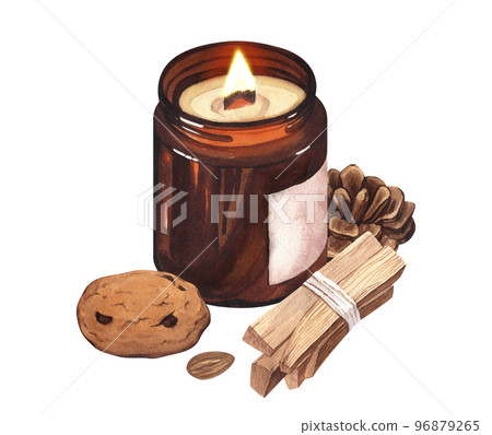 Watercolor set christmas candle brown glass with pine cone, cookie, Palo Santo smoke sticks. Hand painted Illustration composition great for greeting cards, backgrounds, holiday decor Watercolor set christmas candle brown glass with pine cone, cookie, Palo Santo smoke sticks. Hand painted Illustration composition great for greeting cards, backgrounds, holiday decor 96879265