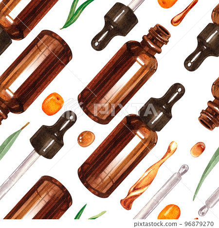 Watercolor cosmetics seamless pattern brown medicine glass pipette dropper bottle oil isolated on white background. 96879270
