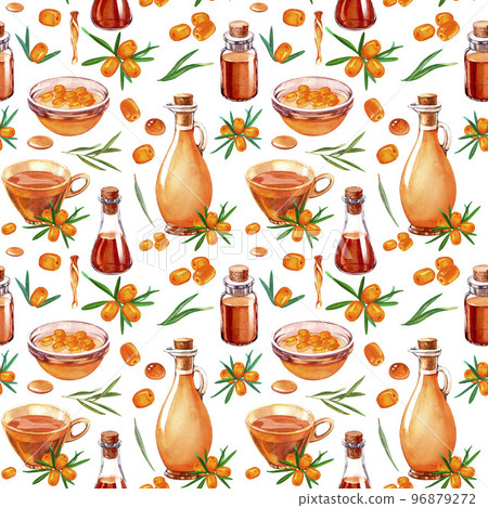 Aquarelle watercolor seamless pattern with sea buckthorn, tea, bottle oil and cosmetics materials. Perfect for background, texture, wrapper pattern, wallpaper, frame or border. Aquarelle watercolor seamless pattern with sea buckthorn, tea, bottle oil and cosmetics materials. Perfect for background, texture, wrapper pattern, wallpaper, frame or border. 96879272
